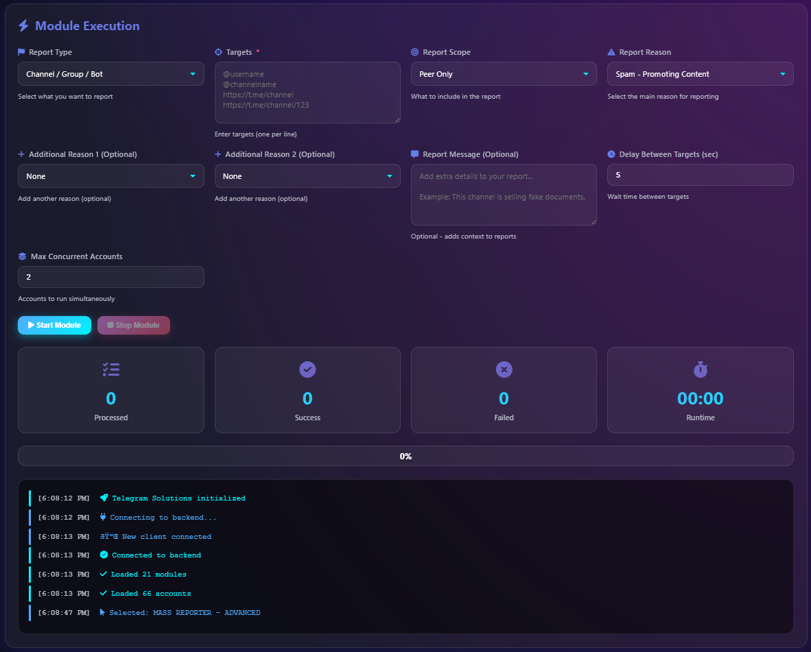 Telegram mass reporting software panel with report type, target list, report reason and concurrent-account settings
